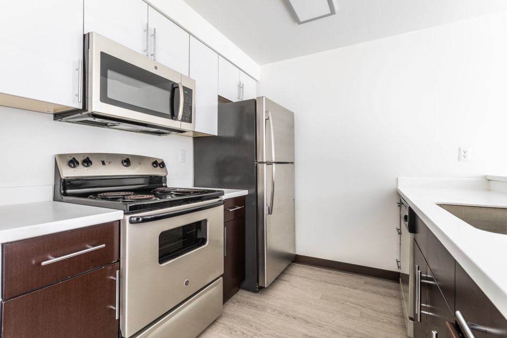 White kitchen cabinetry at Elan 41 Apartments in Seattle, Washington