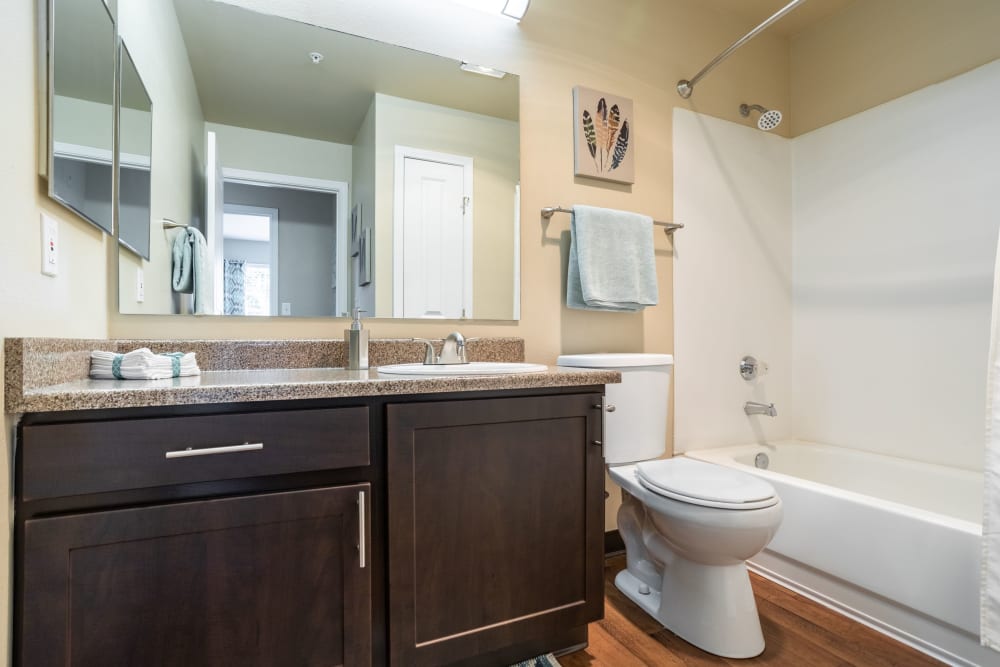 A bathroom with plenty of counter space at Pebble Cove Apartments in Renton, Washington
