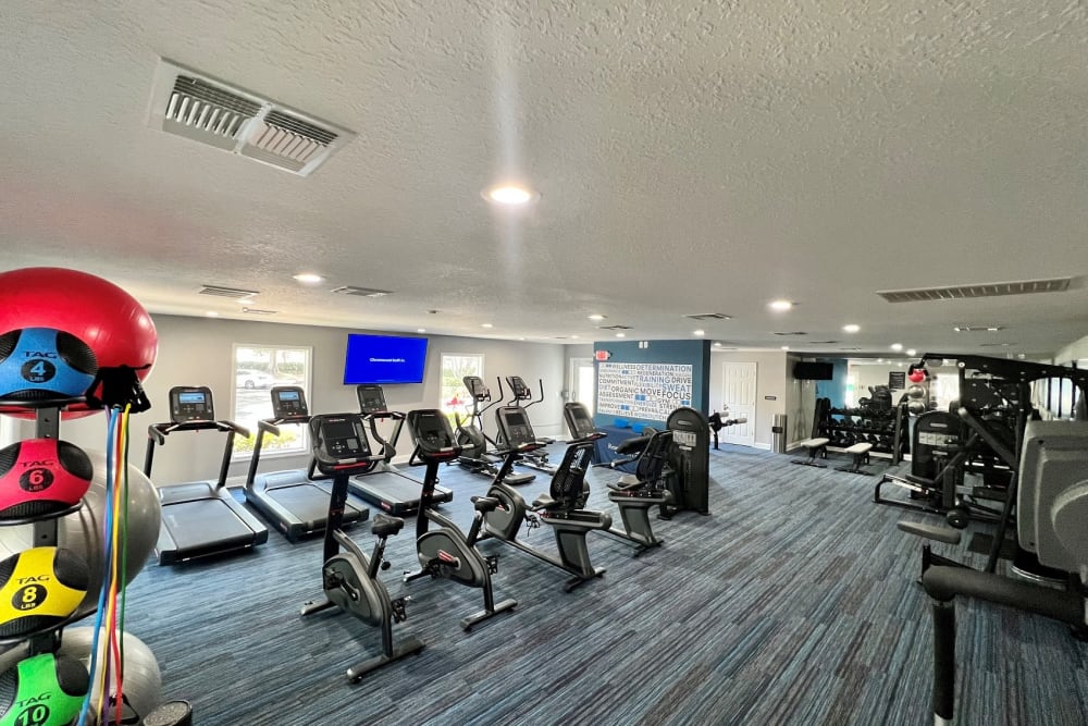 Fully equipped fitness center with cardio equipment, medicine balls, and kettle bells at Reserve at Lake Pointe Apartments & Townhomes in St Petersburg, Florida