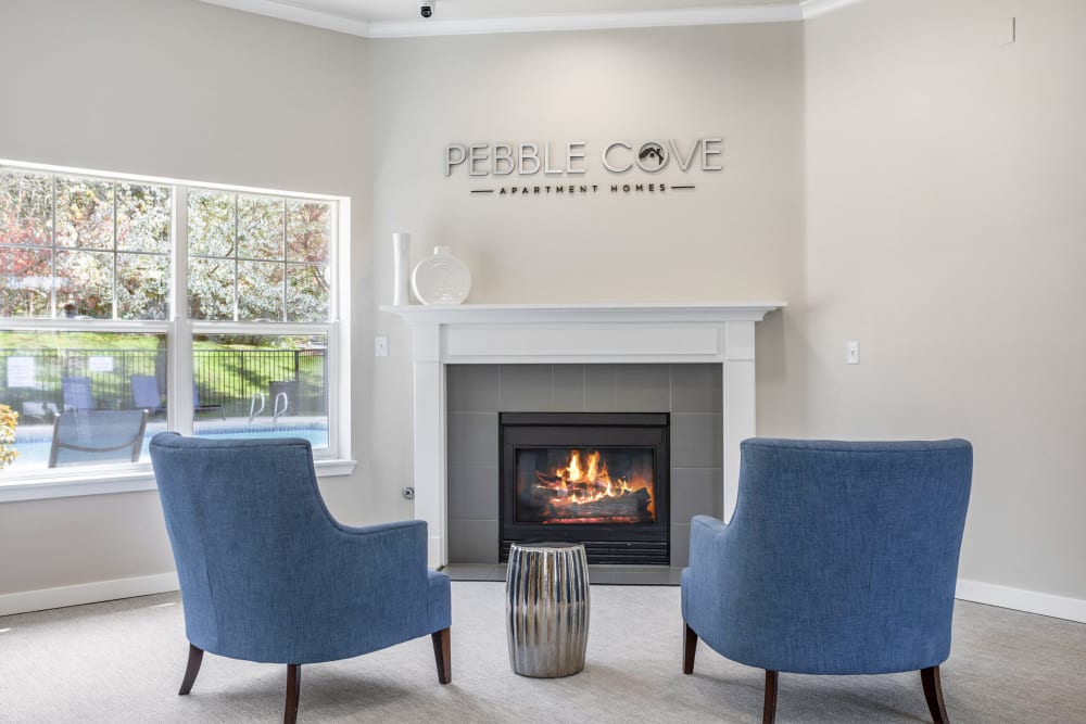 Clubhouse fireplace at Pebble Cove Apartments in Renton, Washington