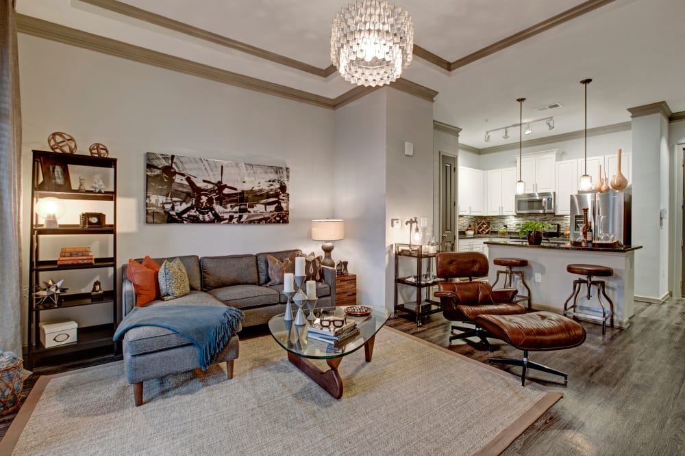 Large living room with in a cozy model home at Mark at West Midtown in Atlanta, Georgia