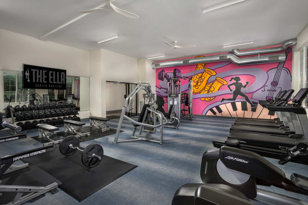 Well-equipped fitness center at The Ella Scott's Addition in Richmond, Virginia