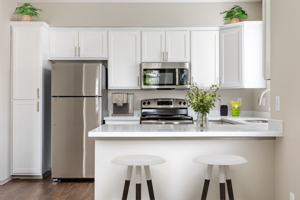 A kitchen with plenty of cabinet space at Brookside Village in Auburn, Washington