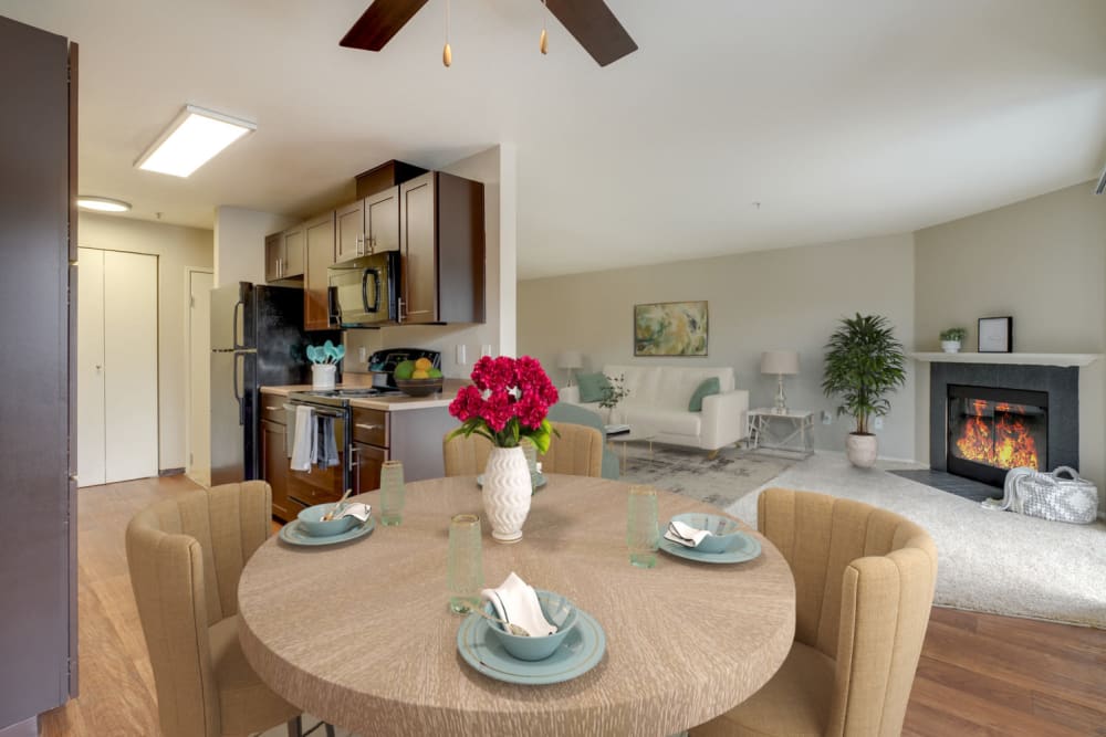 Spacious living room and kitchen at Renaissance at 29th Apartments in Vancouver, Washington