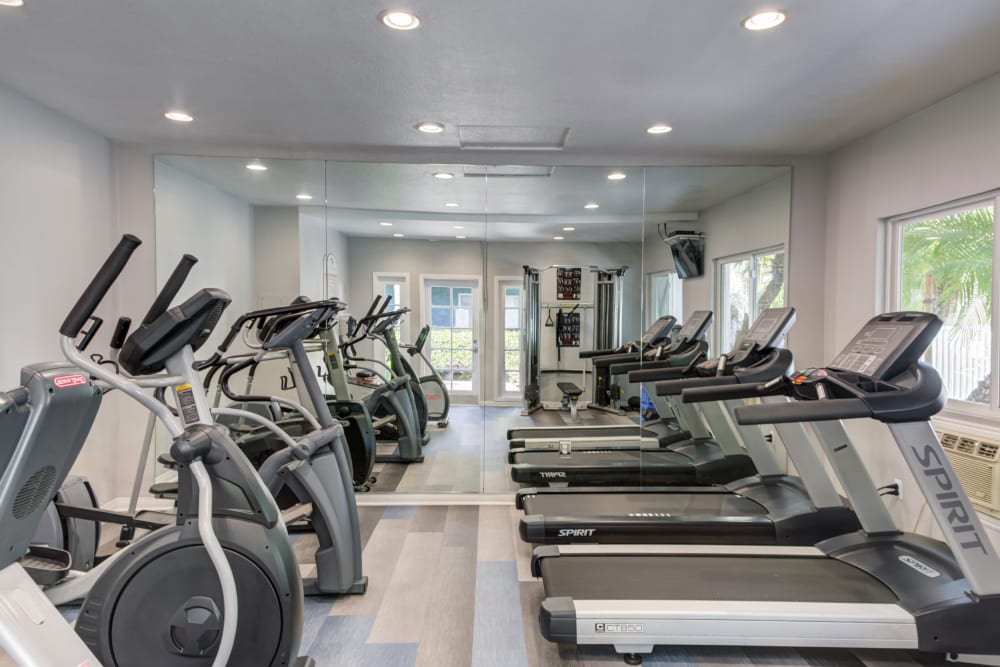 Fitness center with plenty of individual workout stations at Kendallwood Apartments in Whittier, California