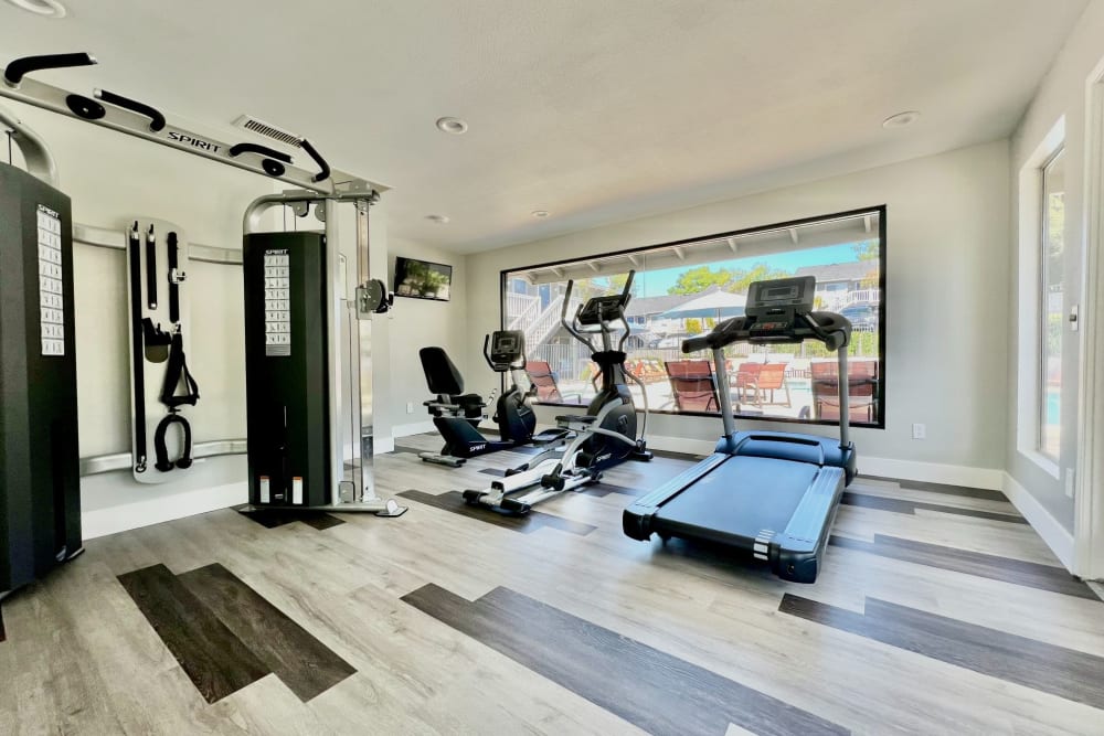 Clean, modern community gym at Hillside Terrace Apartments in Lemon Grove, California