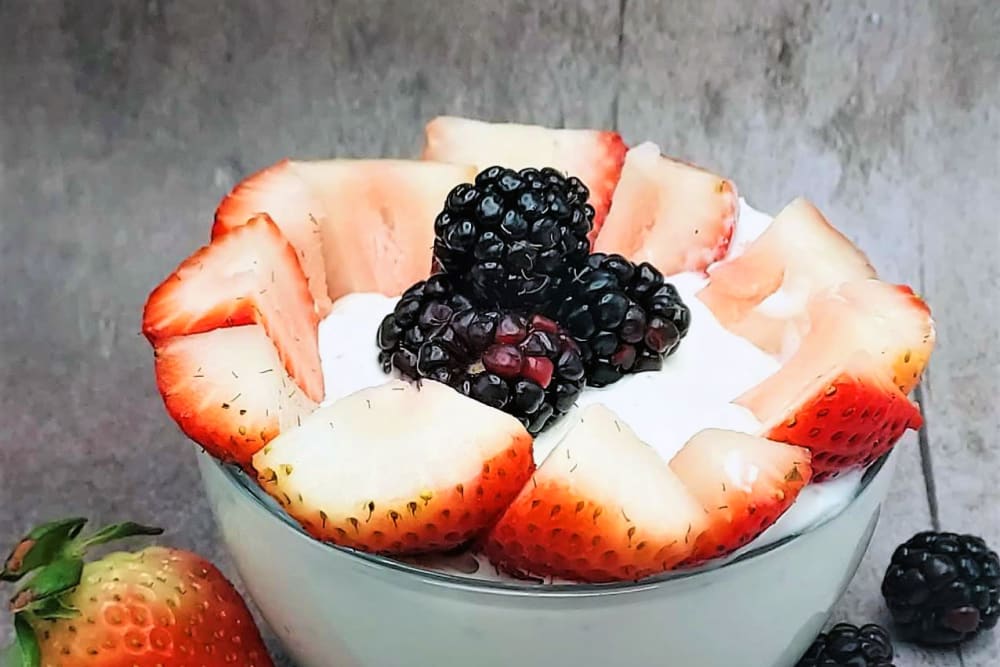 Cottage cheese and fruit at Woodside Senior Living in Springfield, Oregon