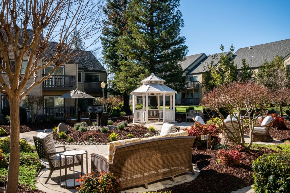 Common area with well manicured landscape at Blossom Vale Senior Living in Orangevale, California. 