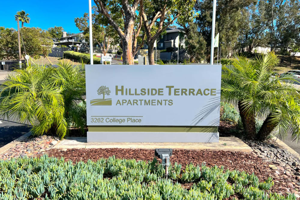 The front sign at Hillside Terrace Apartments in Lemon Grove, California