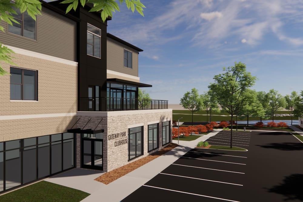 Exterior rendering of Randall Residence at Gateway Park and parking lot at Randall Residence at Gateway Park in Greenfield, Indiana