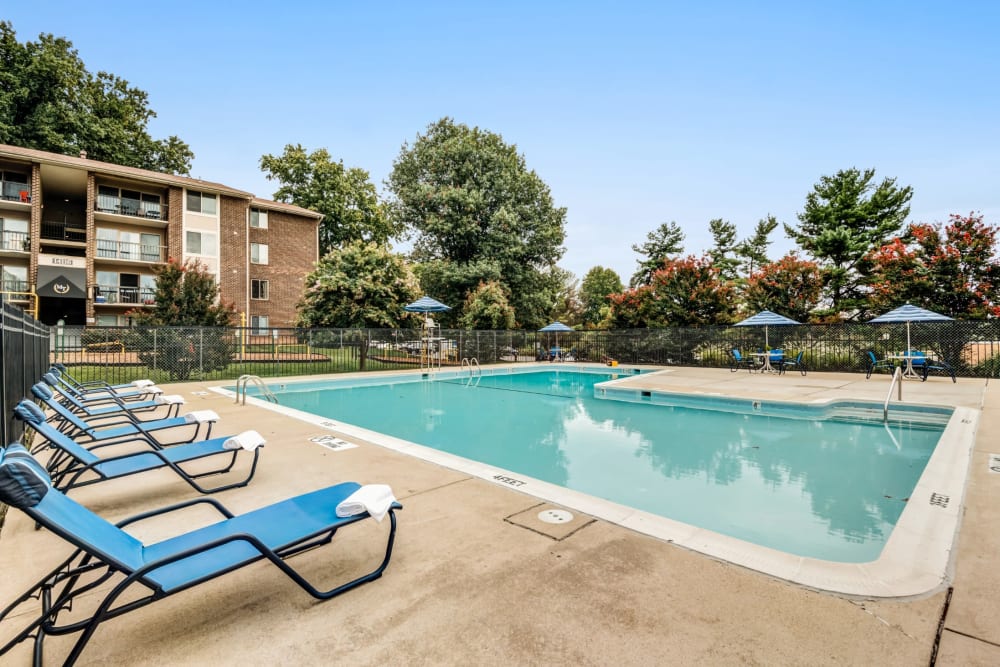 Swimming pool with sundeck lounge chairs at Montgomery Trace Apartment Homes in Silver Spring, Maryland