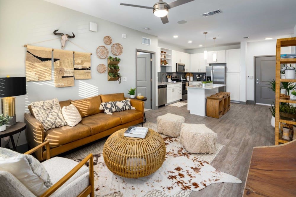 Cozy living room in a model home at The Addison Skyway Marina in St. Petersburg, Florida