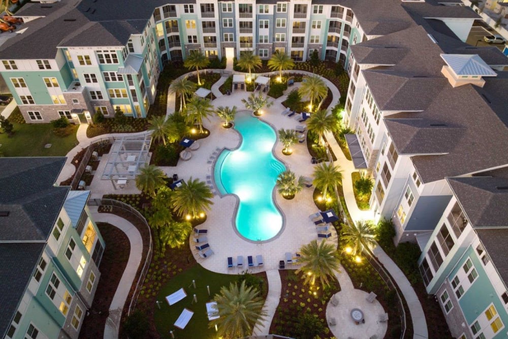 View from above of the apartments large pool and courtyard at The Addison Skyway Marina in St. Petersburg, Florida