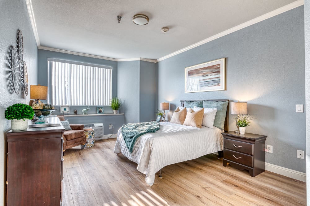 Decorated bedroom at Pacifica Senior Living Chino Hills in Chino Hills, California