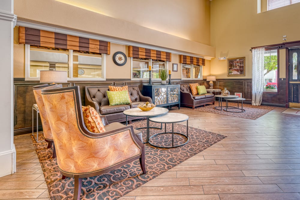 Seating area in the lobby at Pacifica Senior Living Chino Hills in Chino Hills, California