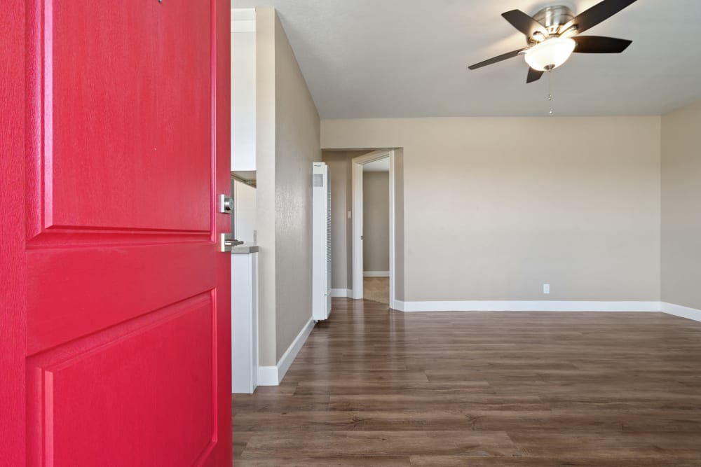 Front door opening into living room at Bon Aire Apartment Homes in Castro Valley, California