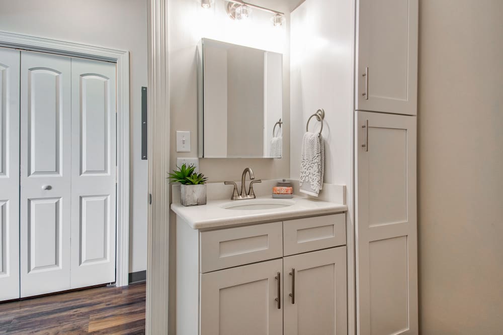 Bathroom and vanity at Retreat at Leisure Living in Evansville, Indiana