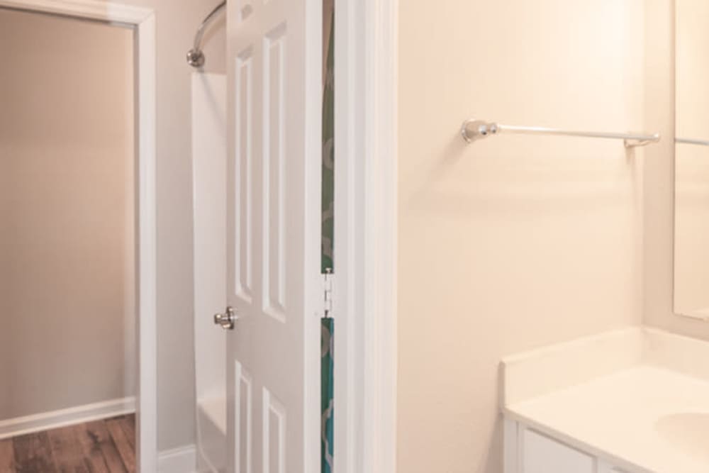Bathroom with shower and bath tub at Foundry Townhomes in Simpsonville, South Carolina