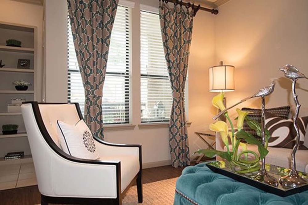 Model apartment living room at Palms at Cinco Ranch in Richmond, Texas