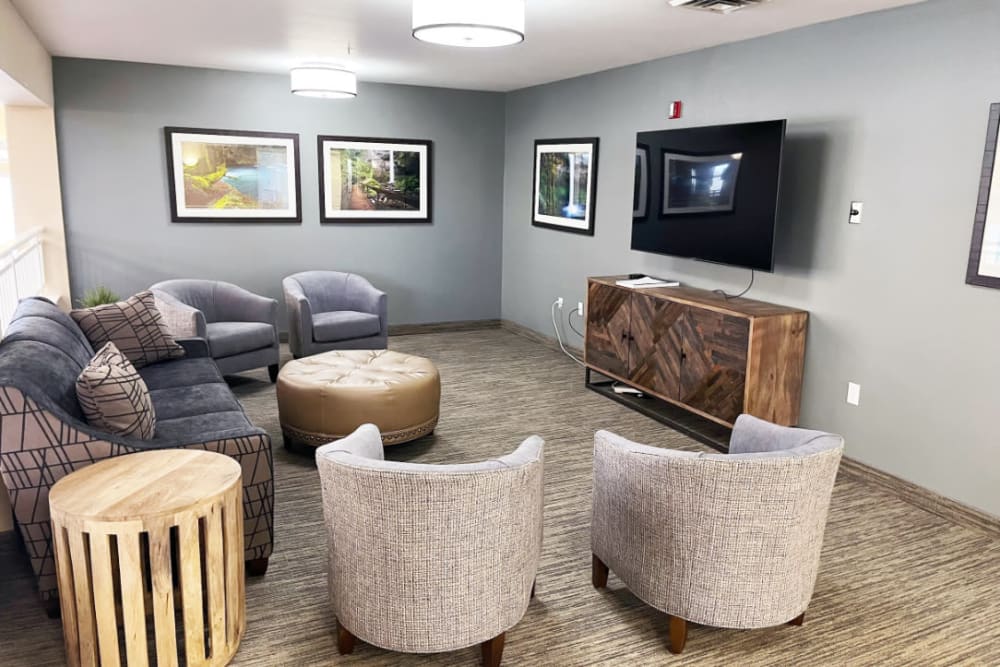 A cool, spacious theater room at Heron Pointe Senior Living in Monmouth, Oregon. 