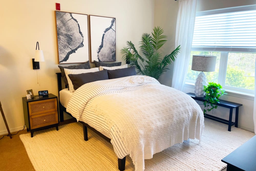 Model bedroom with cozy plants at Timber Pointe Senior Living in Springfield, Oregon