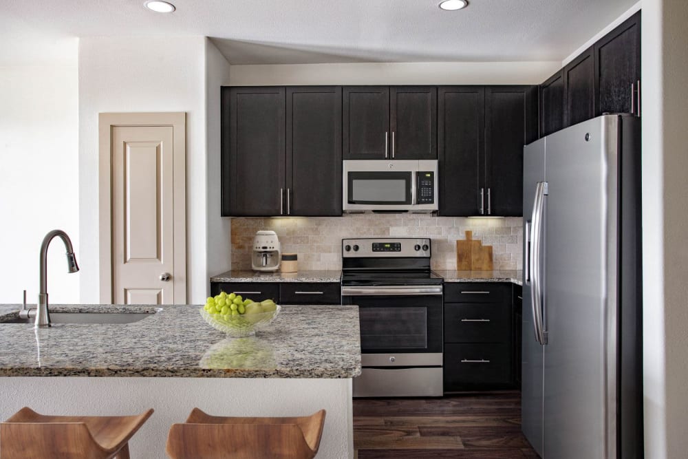 Model kitchen with stainless-steel appliances at Olympus Falcon Landing in Katy, TX