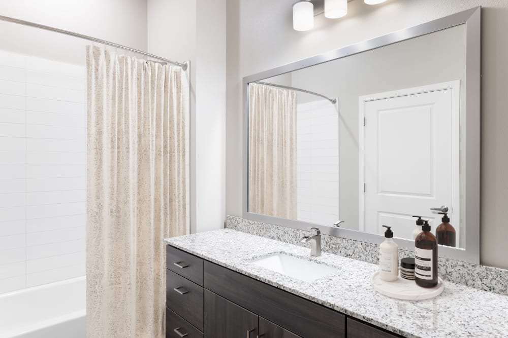 Bathroom with wood-style flooring at The Tessera in Phoenix, Arizona