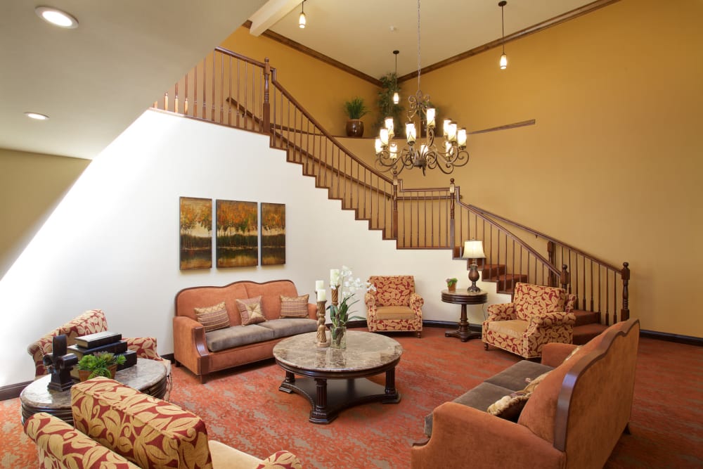 Stair case and lounge area at Pacifica Senior Living Escondido in Escondido, California