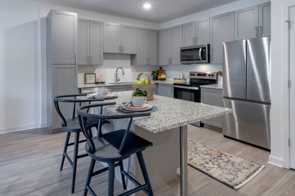 Lutz Apartments - Sage at Cypress - Kitchen with Stainless-Steel Appliances, Spacious Kitchen Island, Granite-Style Countertops and White Subway Tile Backsplash