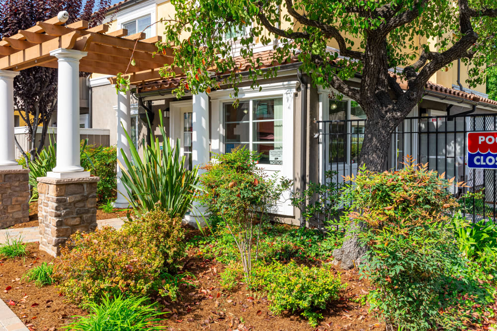 Lush landscaping at Peppertree Apartment Homes, in San Jose, California.