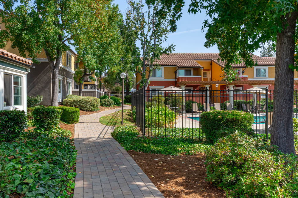 pathways through the community at Peppertree Apartment Homes, in San Jose, California.