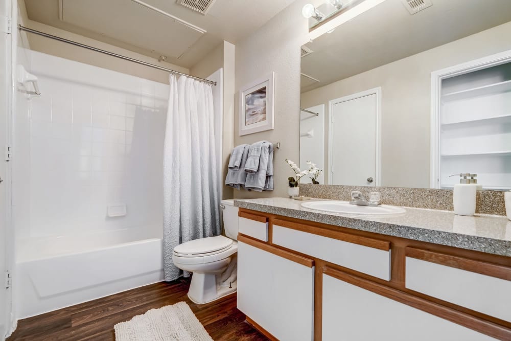 Extra large modern bathrooms located at Legacy of Cedar Hill Apartments & Townhomes in Cedar Hill, Texas