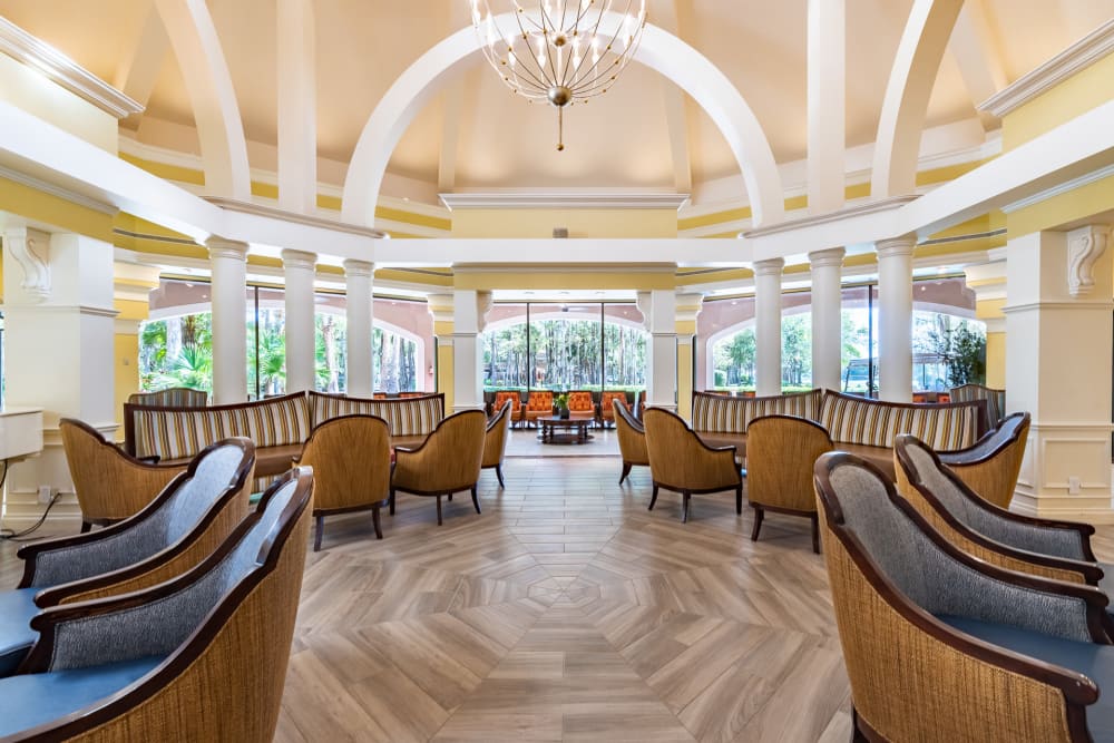 Spacious room with plenty of seating at Pacifica Senior Living Forest Trace in Lauderhill, Florida