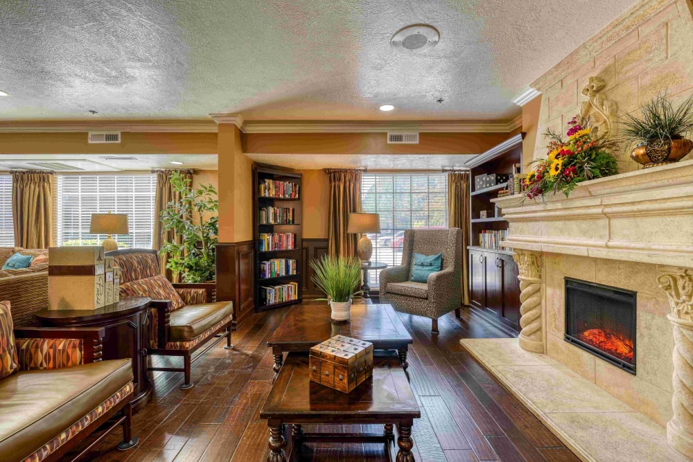 Common area with fireplace at Pacifica Senior Living Millcreek in Salt Lake City, Utah