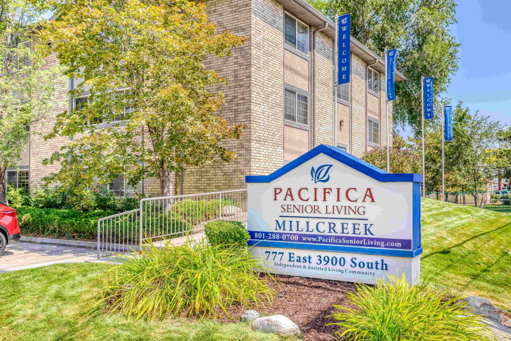Front entrance with signage at Pacifica Senior Living Millcreek in Salt Lake City, Utah