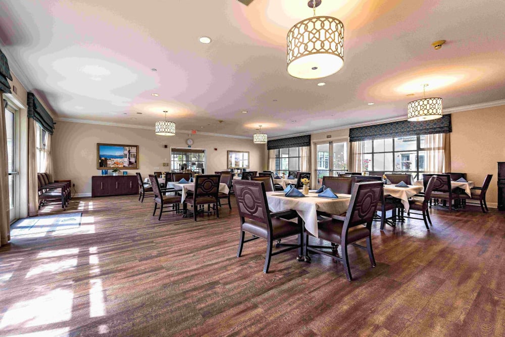 Spacious dining room at Pacifica Senior Living Mission Villa in Daly City, California