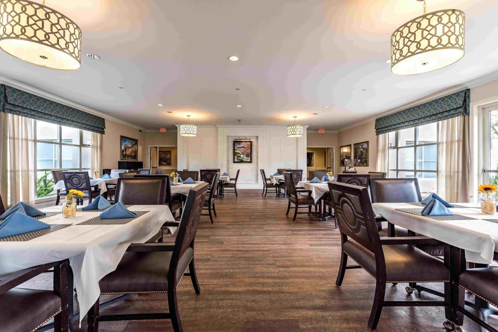 Spacious dining room at Pacifica Senior Living Mission Villa in Daly City, California