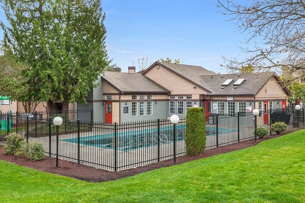 Exterior view of the pool at Align Apartment Homes in Federal Way, Washington.