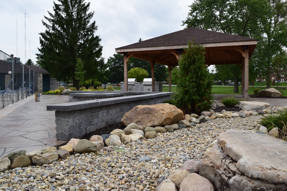 Grilling pavilion and landscaped grounds at Lakeshore Reserve Off 86th in Indianapolis, Indiana