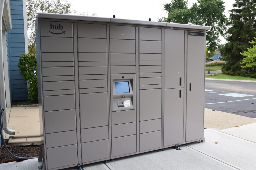 Amazon Hub package locker at Lakeshore Reserve Off 86th in Indianapolis, Indiana