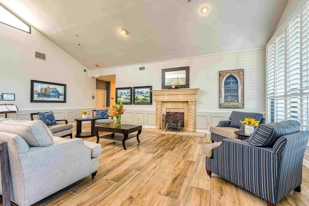 Common area with fireplace at Pacifica Senior Living Northridge in Northridge, California