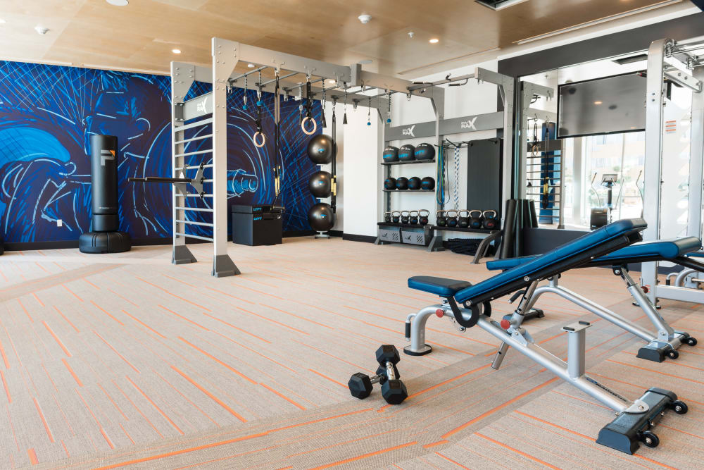 Well-equipped fitness center at The Alamitos in Long Beach, California