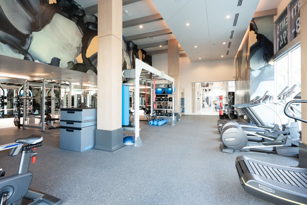Spacious fitness center at The Pacific in Long Beach, California