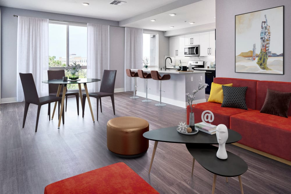 Living room and kitchen at The Linden in Long Beach, California
