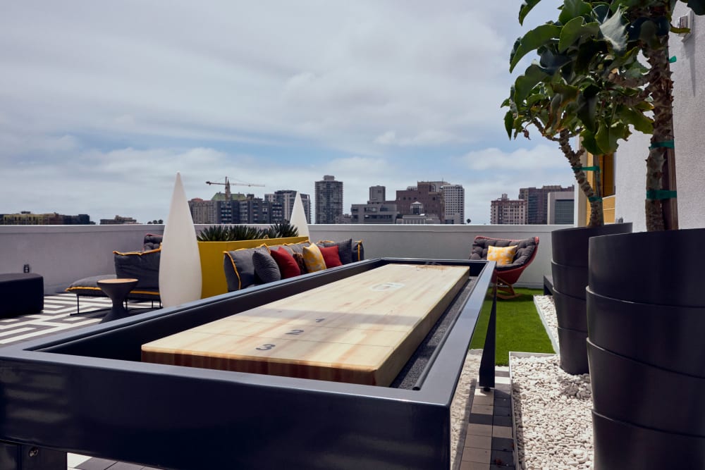 Shuffleboard on the roof at The Linden in Long Beach, California