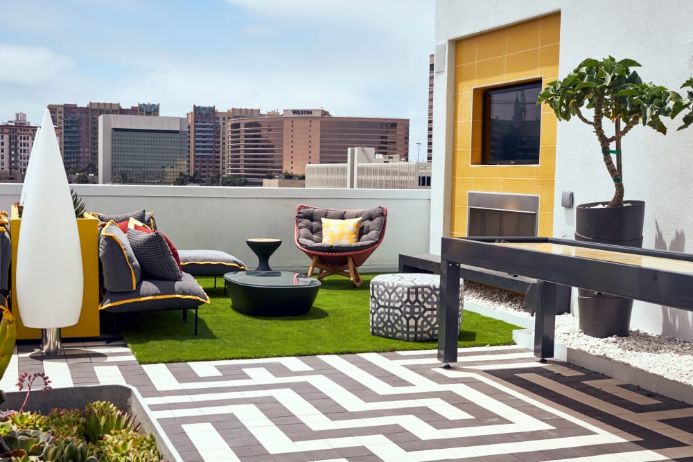 Modern rooftop deck at The Linden in Long Beach, California