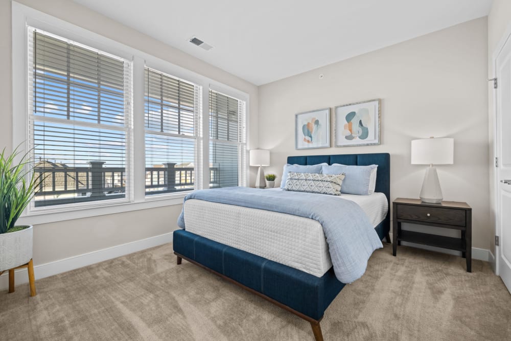Bedroom with plank flooring and large windows at Village Square Apartments in Norfolk, Virginia
