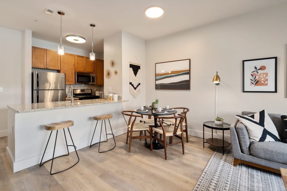 View of the kitchen from the living room at Sofi Parc Grove in Stamford, Connecticut