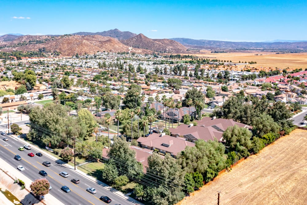 Aerial view of Pacifica Senior Living Hemet and surrounding area in Hemet, California