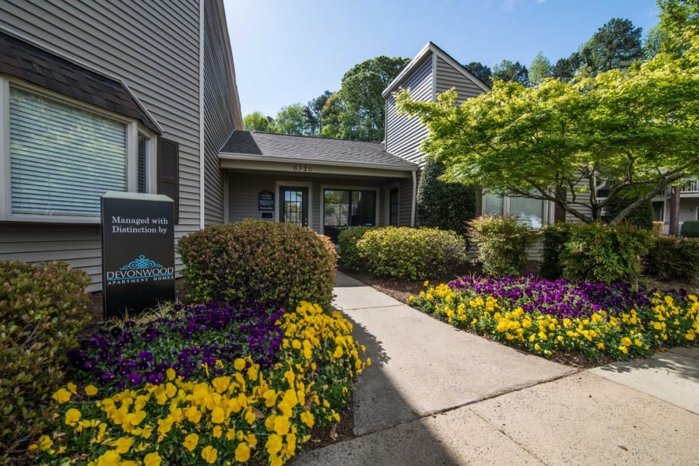 Beautiful flowers outside the leasing center at Devonwood Apartment Homes in Charlotte, North Carolina